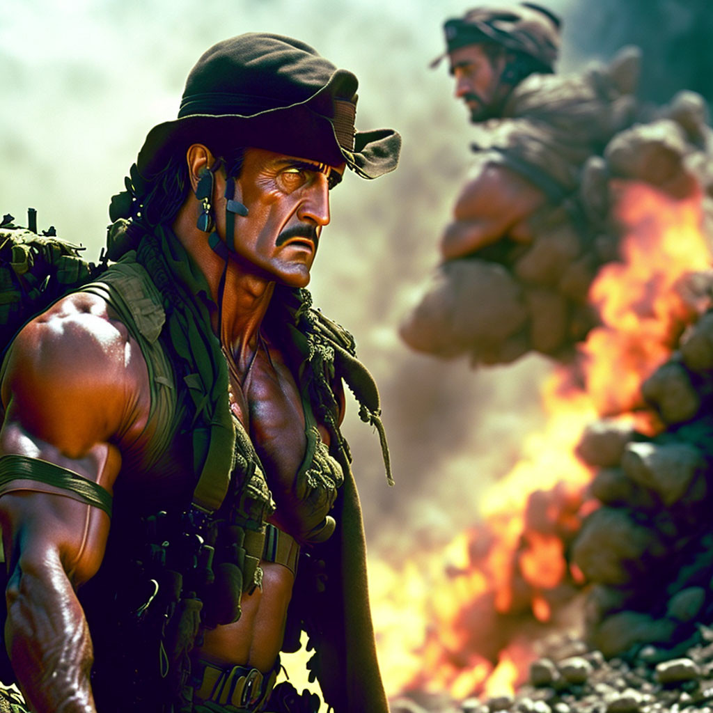 Muscular soldier in beret with intense gaze in explosive action