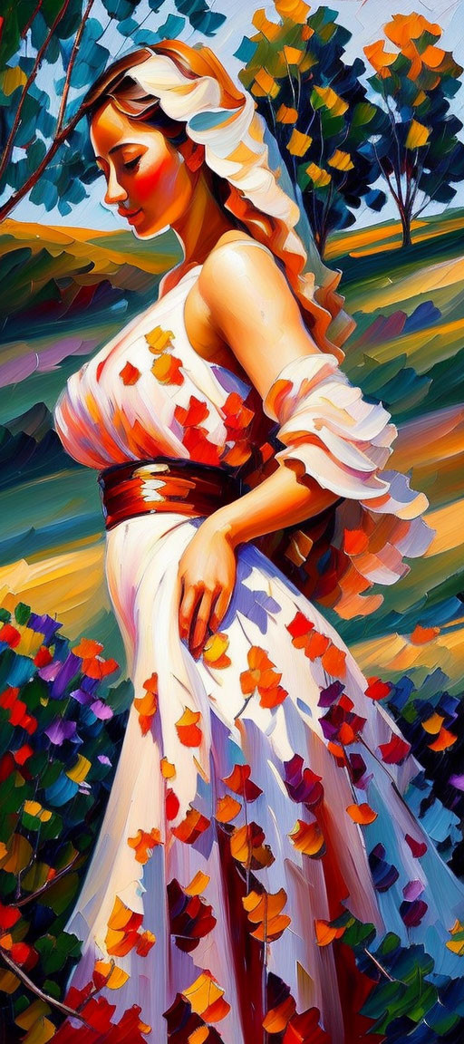 Colorful painting of woman in white dress with autumn leaves against stylized foliage