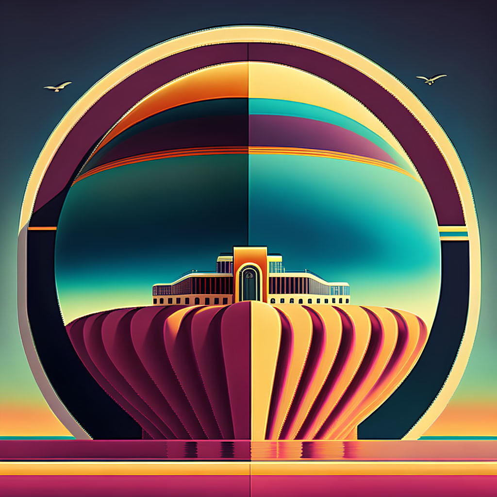 Symmetrical retro-futuristic landscape with ornate building, striped hills, reflective water, and colorful