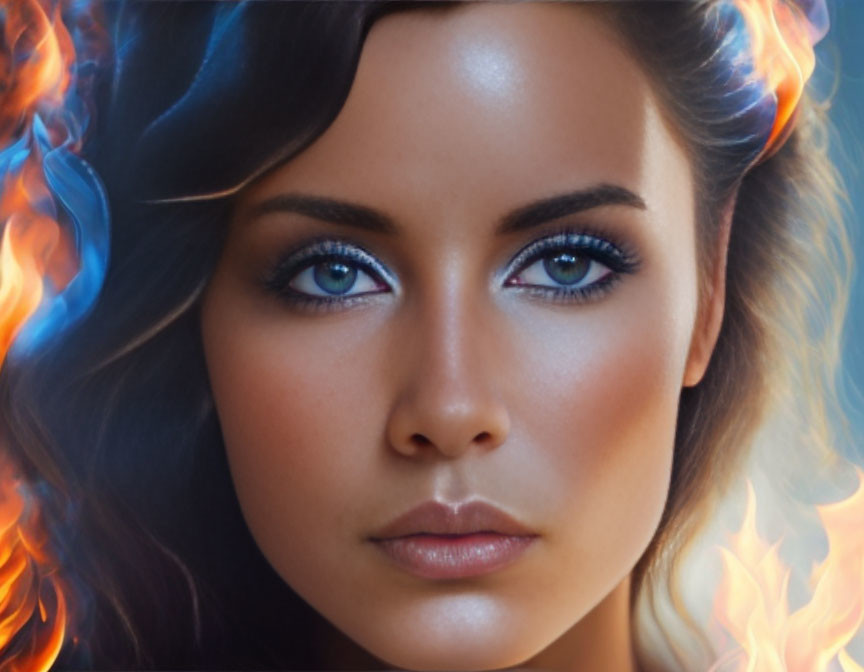 Close-up of woman with blue eyes and brunette hair in front of ethereal blue flames