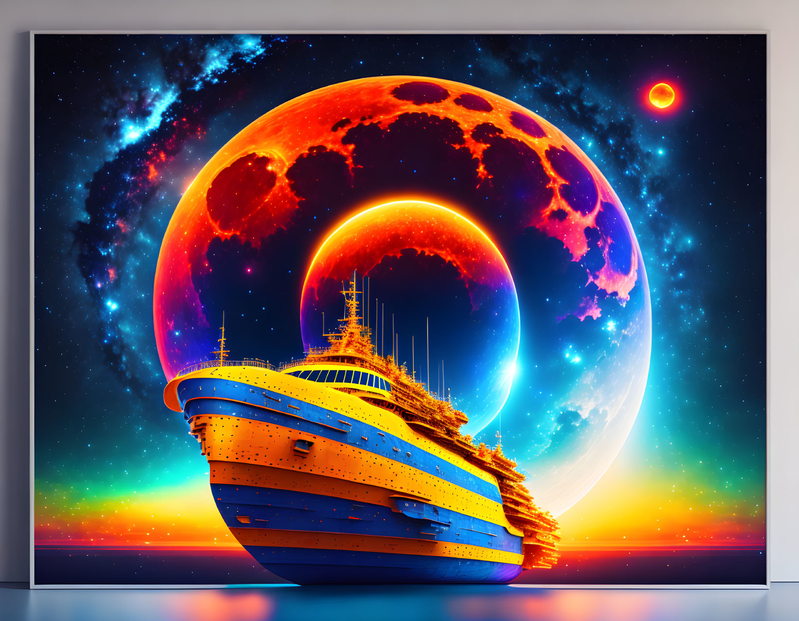 Colorful digital artwork: Cruise ship against cosmic backdrop