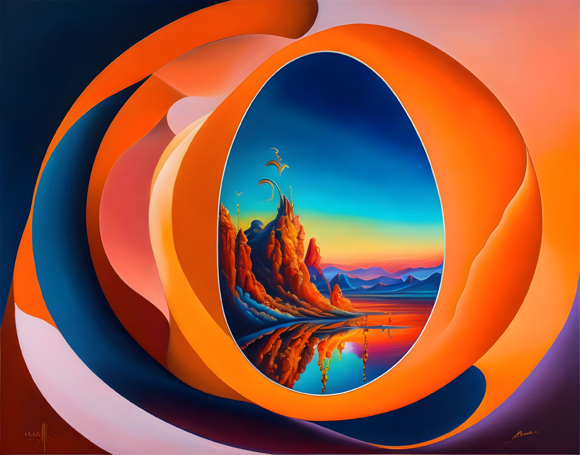 Surrealist painting with oval frame reveals mountain landscape