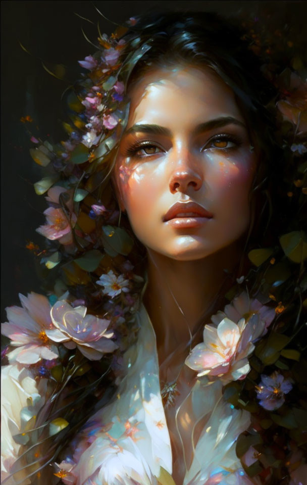 Digital painting of woman with flowers in hair and soft glowing light