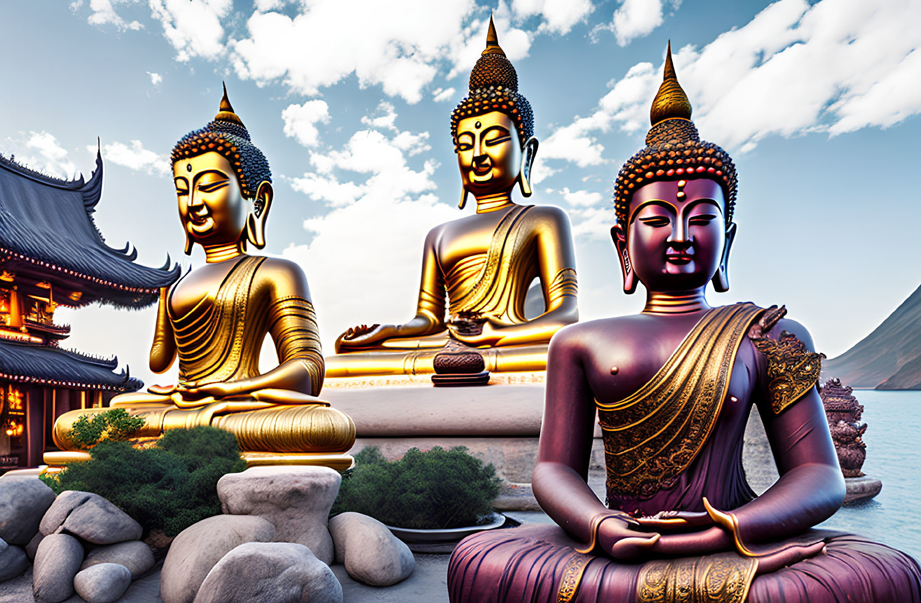 Three Golden Buddha Statues in Various Poses Near Asian Temple