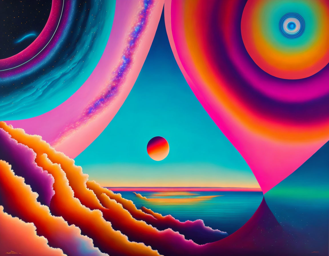 Surrealist landscape with cosmic patterns and multicolored skies