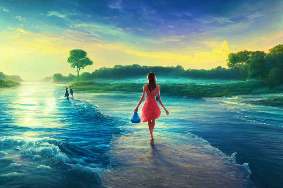 Woman in Pink Dress Walking on Water Towards Sun in Surreal Scene