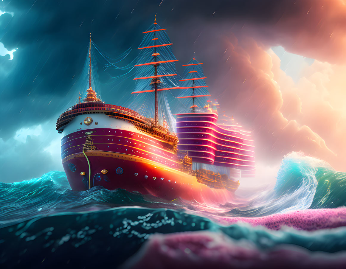 Illustration of large ship in stormy seas with lightning in dramatic sky