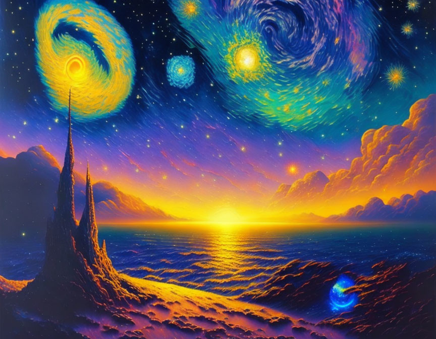 Surreal sunset digital artwork: ocean, rocky outcrop, galaxy-filled sky