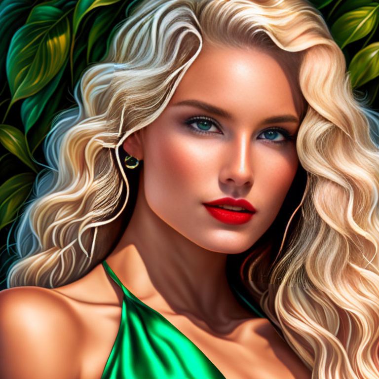 Blonde Curled Woman Portrait with Blue Eyes and Red Lips