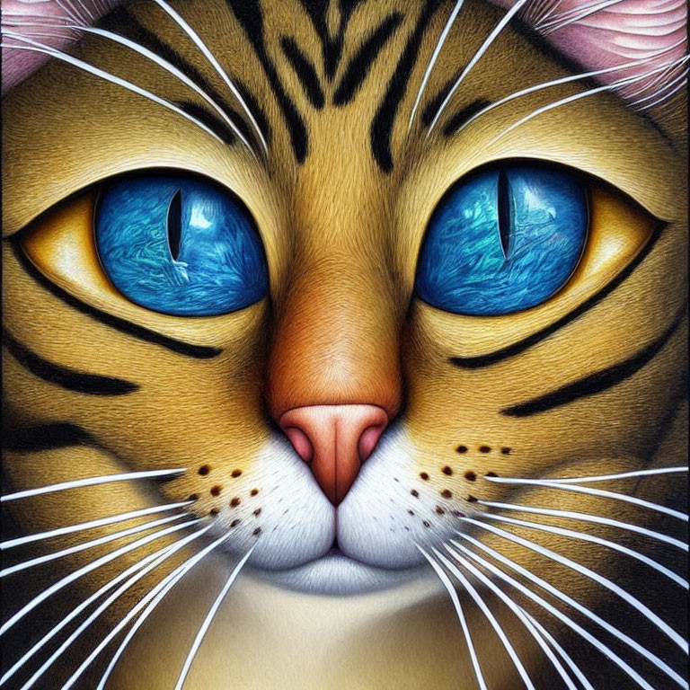 Detailed digital artwork of a cat with vibrant blue eyes and whimsical charm