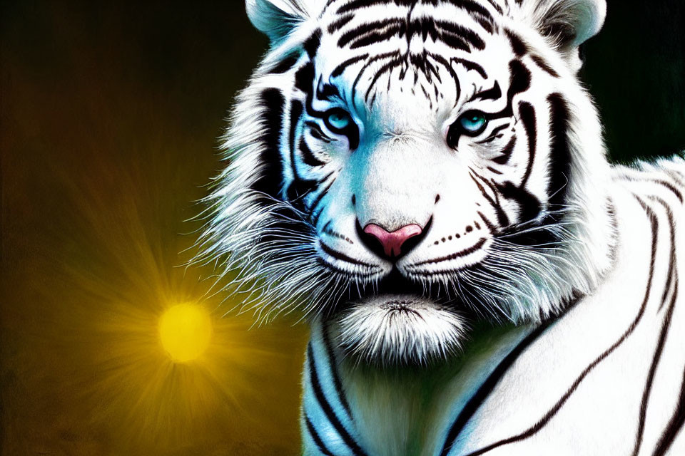 White Tiger with Blue Eyes on Black Background with Yellow Sun Spot