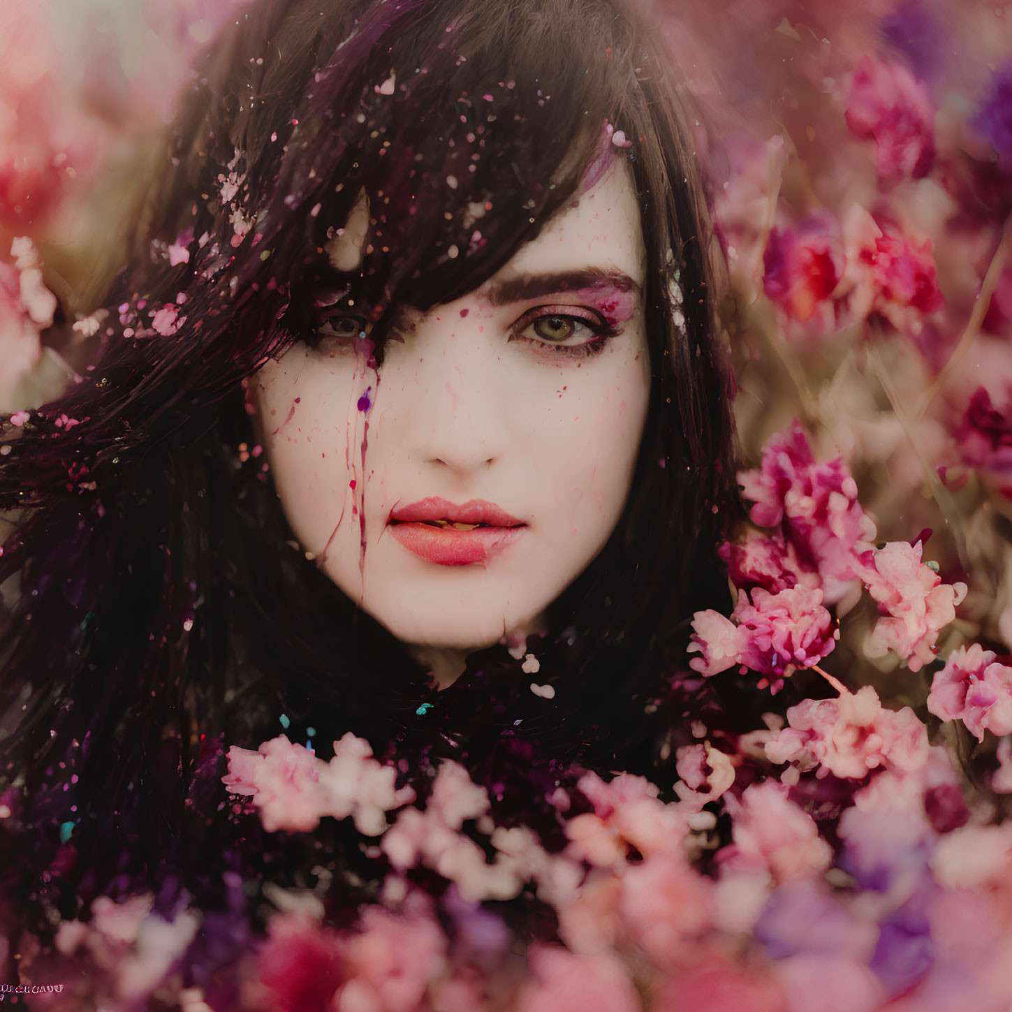 Close-up of woman with green eyes and dark hair surrounded by vibrant flowers and purple paint splatter