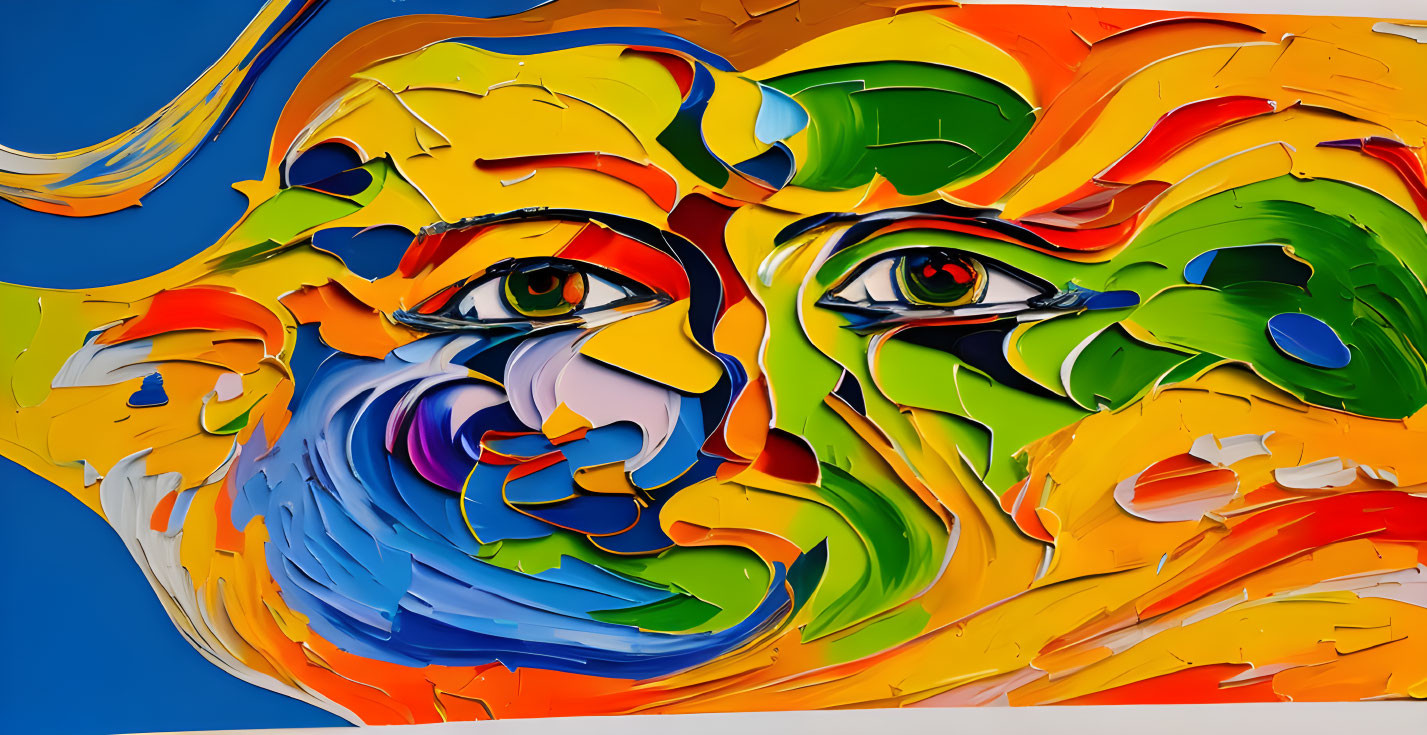 Colorful abstract mural featuring swirling shapes and human eyes.