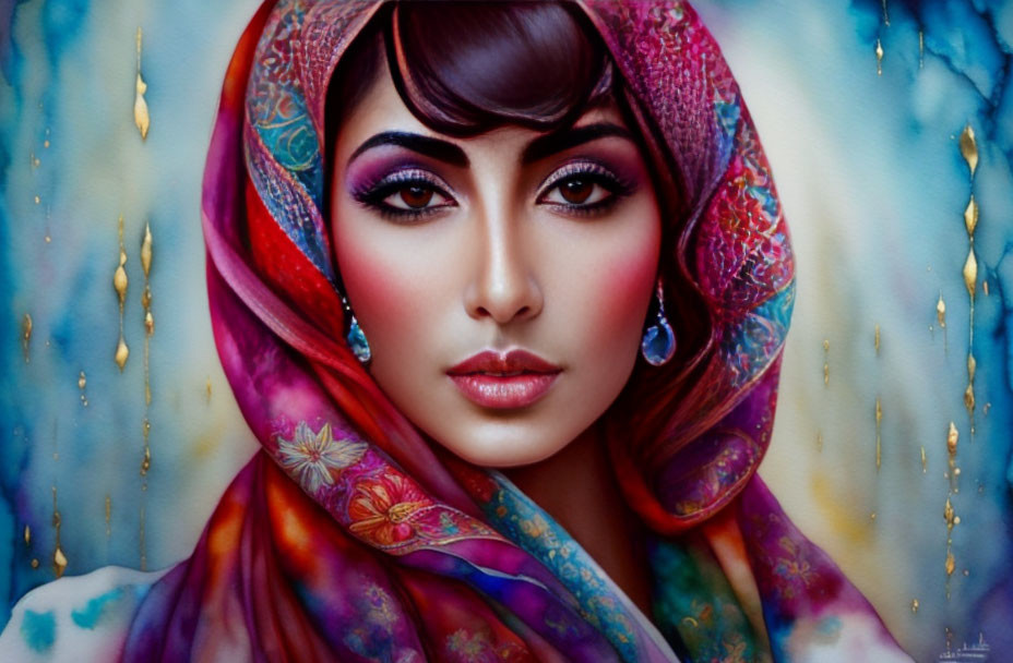 Colorful painting of a woman with striking eyes and floral headscarf on blue background