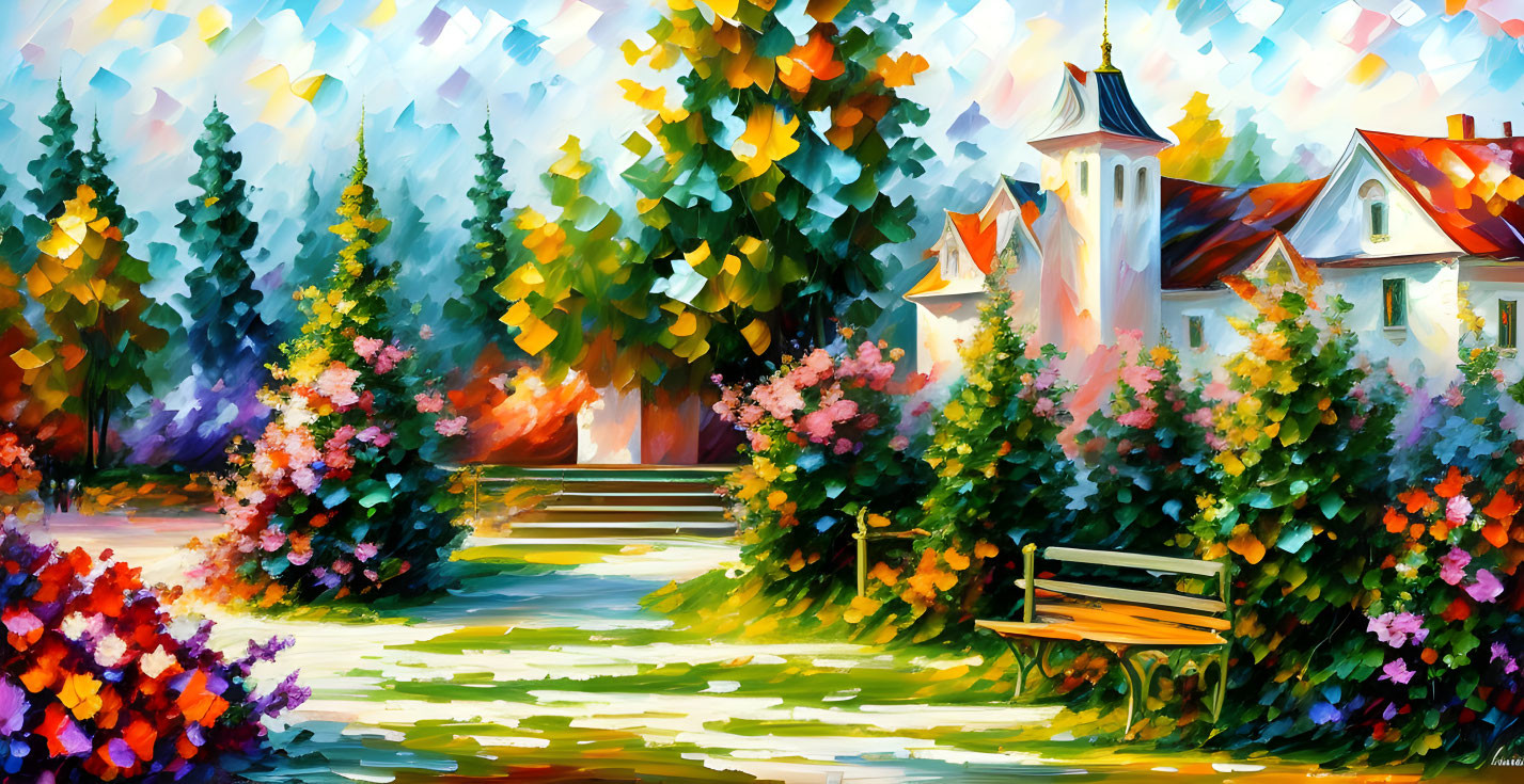 Colorful Impressionistic Painting of House, Trees, Flowers, and Bench