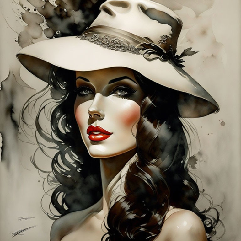 Monochrome illustration of woman in broad-brimmed hat with red lips