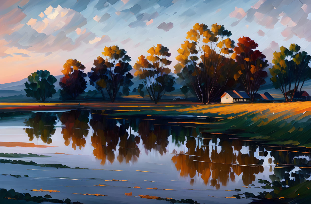 Tranquil autumn trees by lake with cottage under twilight sky