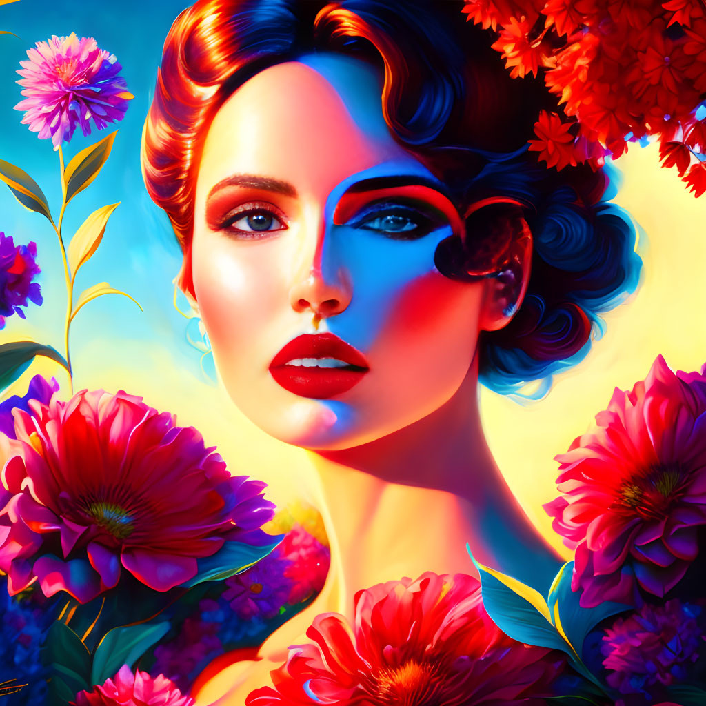 Vibrant flowers and warm-cool tones in woman portrait