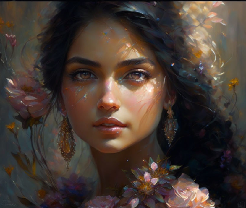 Digital painting of a woman with deep-set eyes and dark hair amidst impressionistic floral blooms.