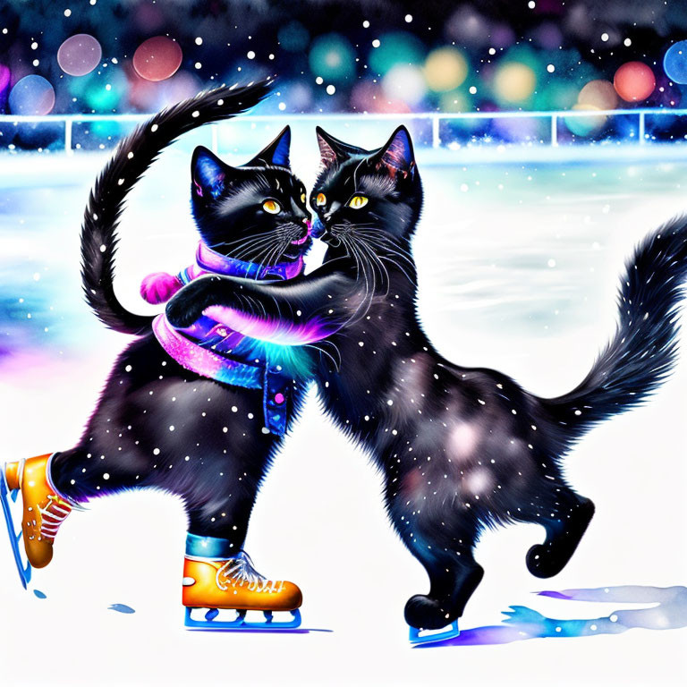 Black cats ice skating in colorful scarves on snowy backdrop