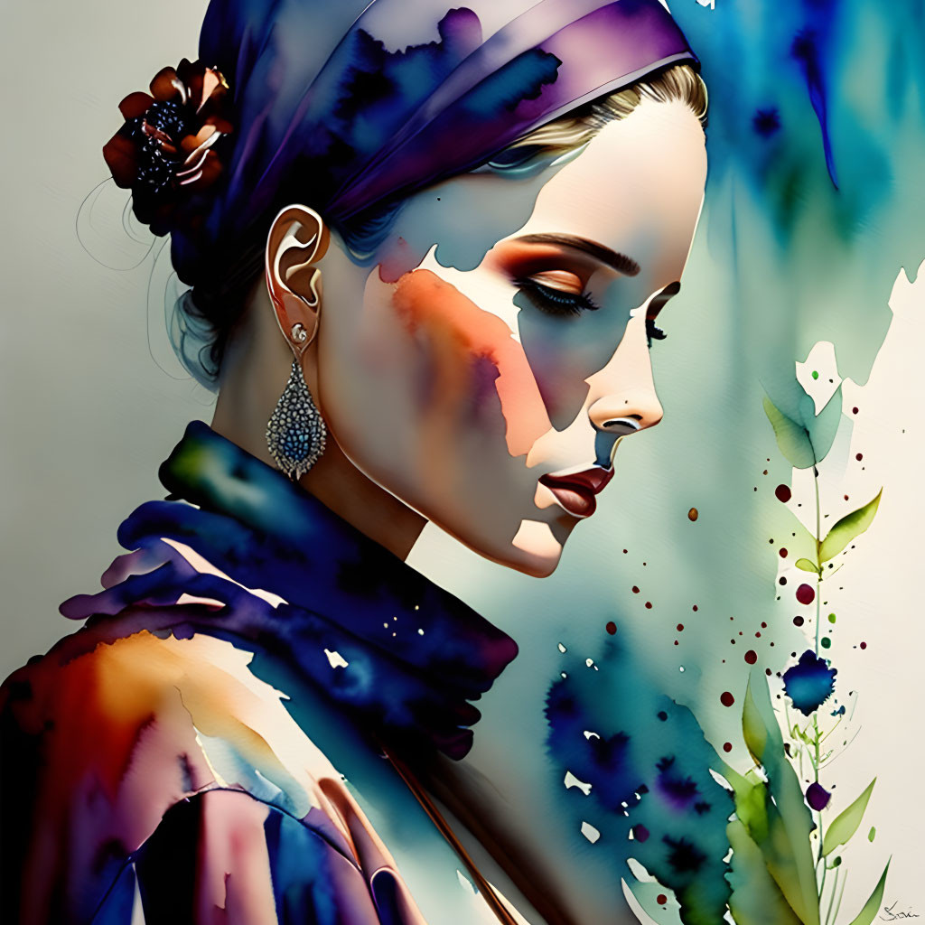 Vibrant watercolor portrait of a woman with headscarf and earring in blue and purple