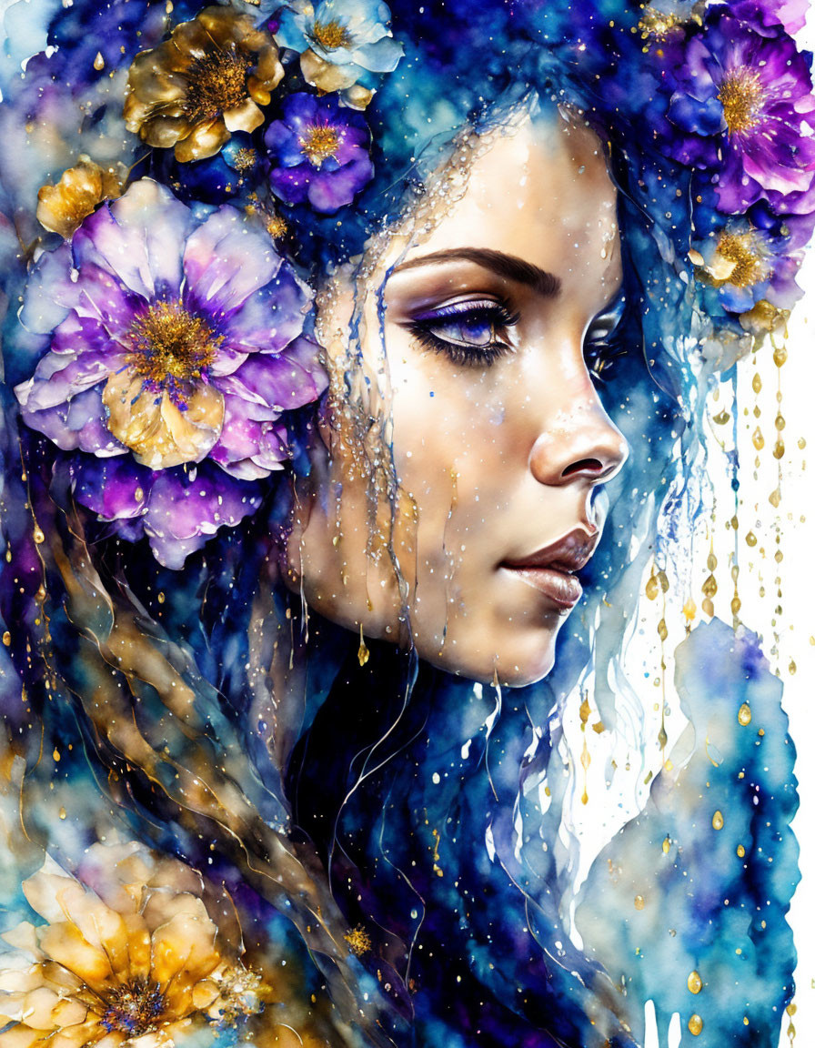 Colorful artwork: Woman's profile with floral hair in watercolor background