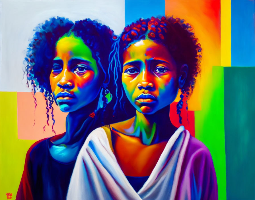 Colorful portrait of two individuals in contemplation with vibrant lighting and abstract backdrop