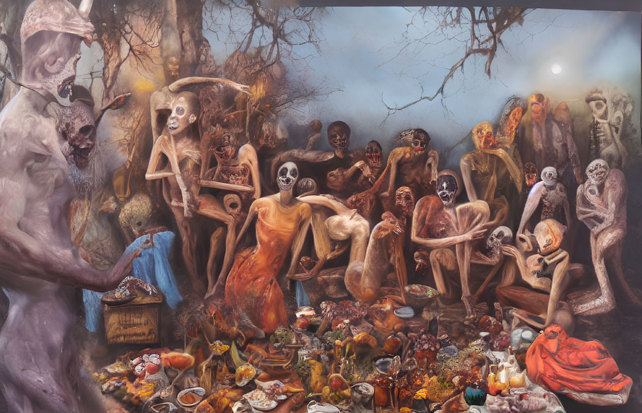 Surreal painting: Skeletal and ghostly figures at lavish feast