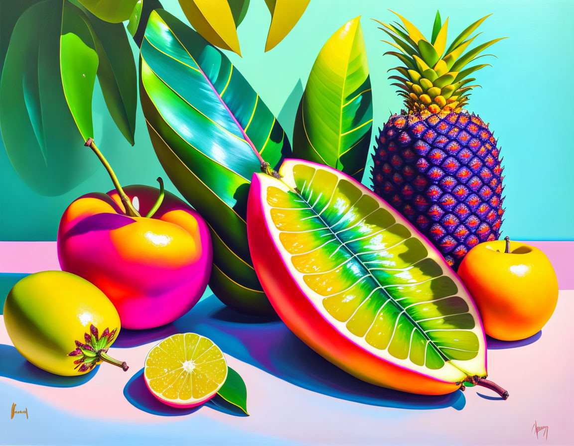 Colorful still-life painting of assorted tropical fruits on vibrant background