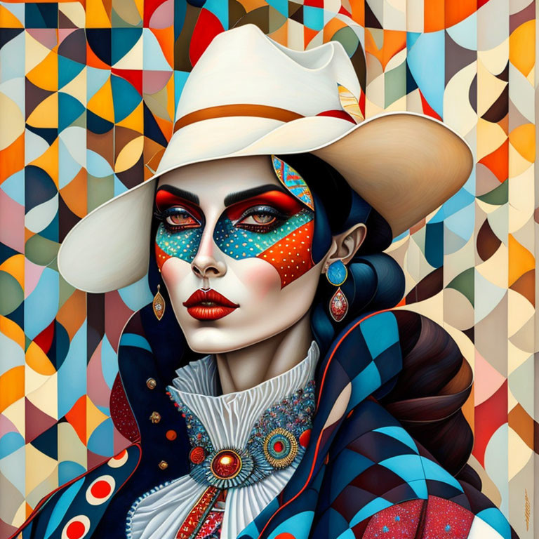 Colorful geometric background woman portrait with wide-brimmed hat illustration.