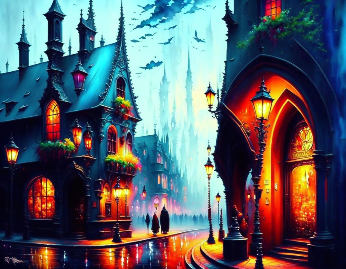 Fantasy cityscape with Gothic architecture at dusk