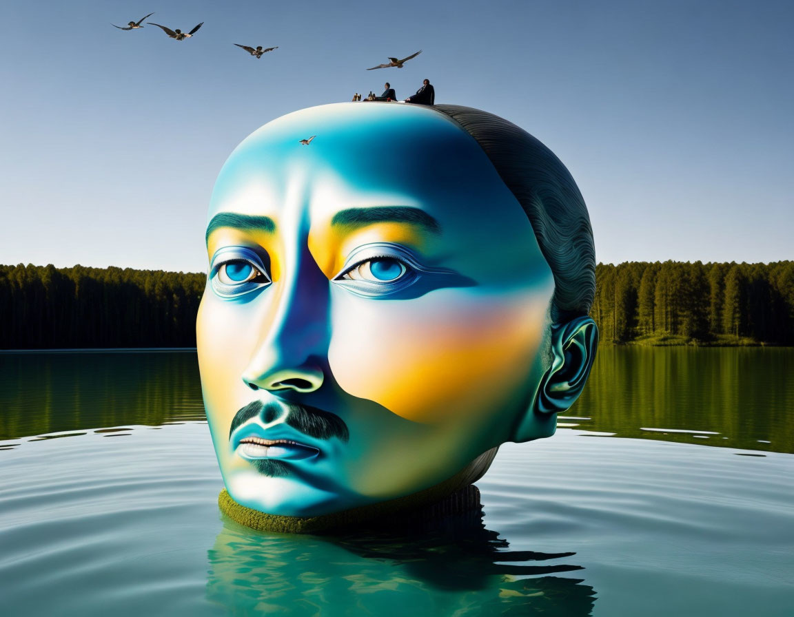 Giant hyper-realistic head emerging from a lake with serene expression, birds in wooded area