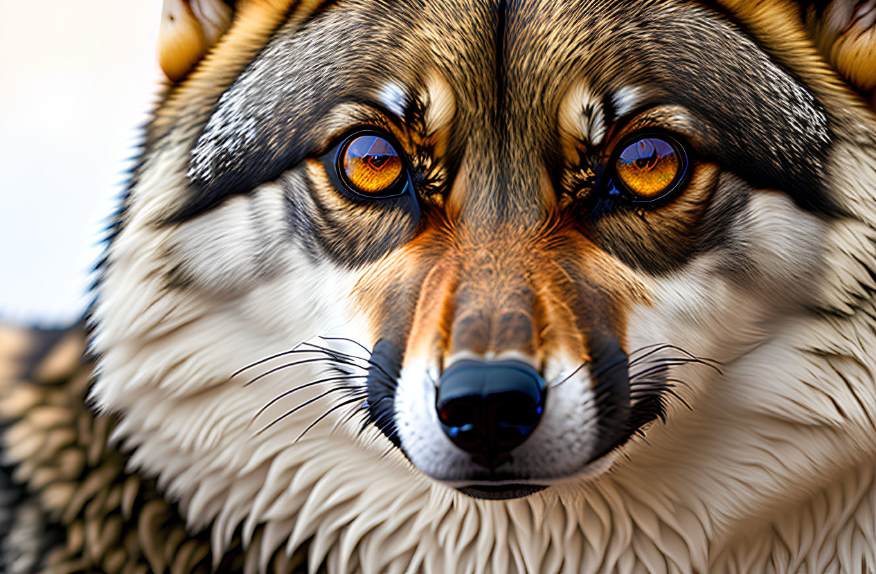 Striking amber-eyed dog with black-tipped ears and brown & white fur