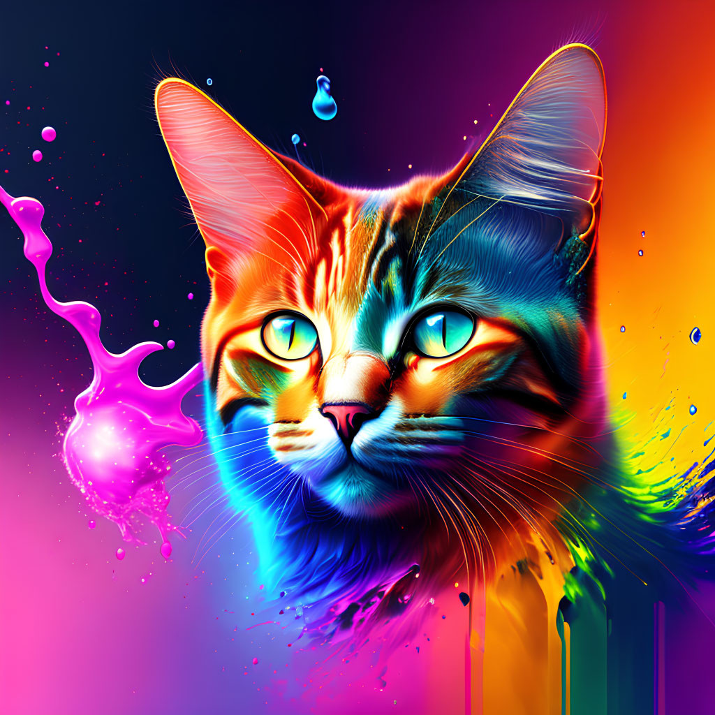 Colorful digital artwork: Rainbow cat with expressive eyes and paint splashes