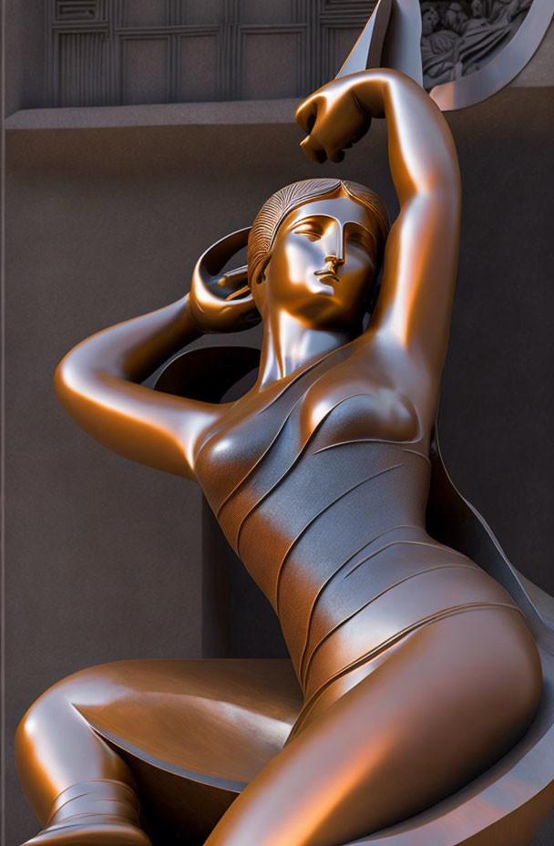 Graceful bronze sculpture of woman sitting with raised arm on textured backdrop