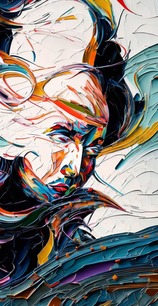 Colorful Abstract Portrait with Dynamic Swirls on Cracked Background