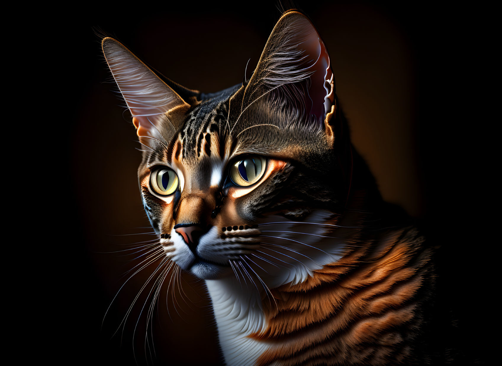 Detailed digital artwork: Cat with orange eyes and glowing edges