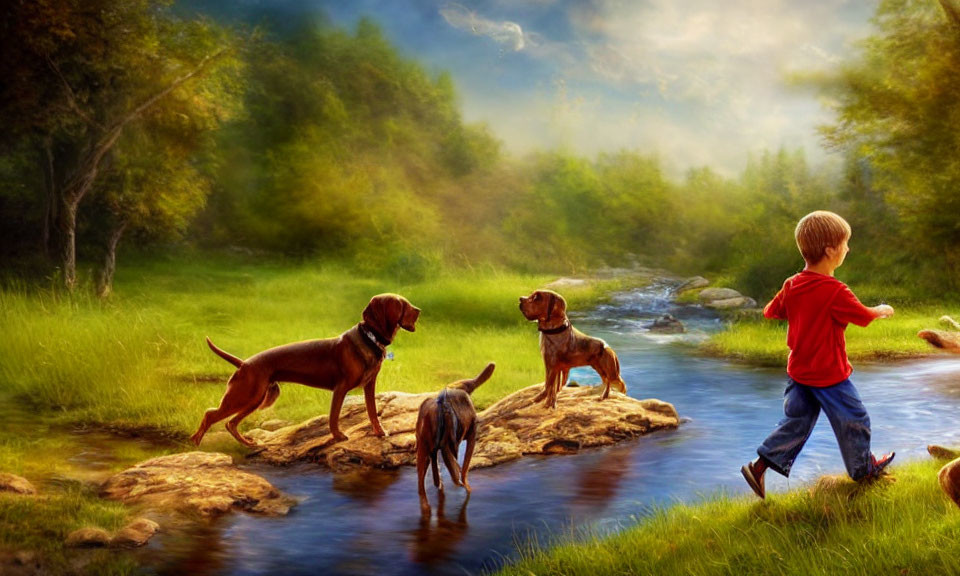 Young boy in red shirt plays with two brown dogs by stream in lush green landscape