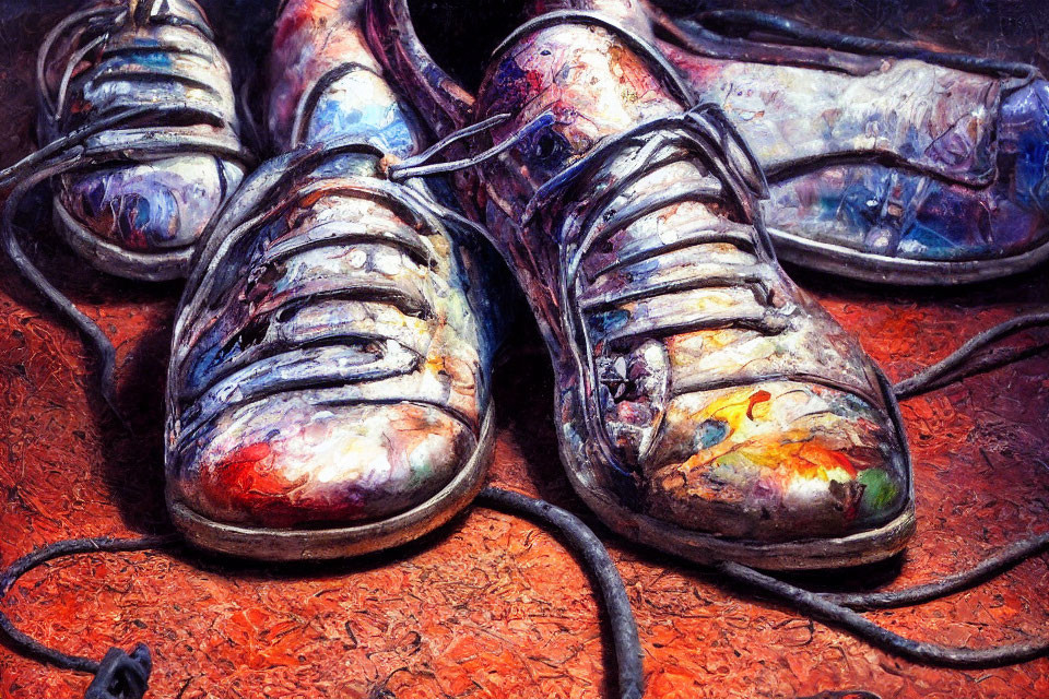 Colorful painting of worn sneakers with untied laces on textured background