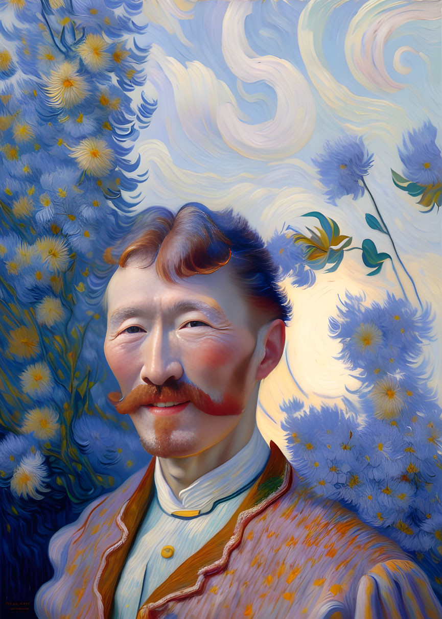 Stylized portrait of a man with mustache against swirling blue skies and yellow flowers