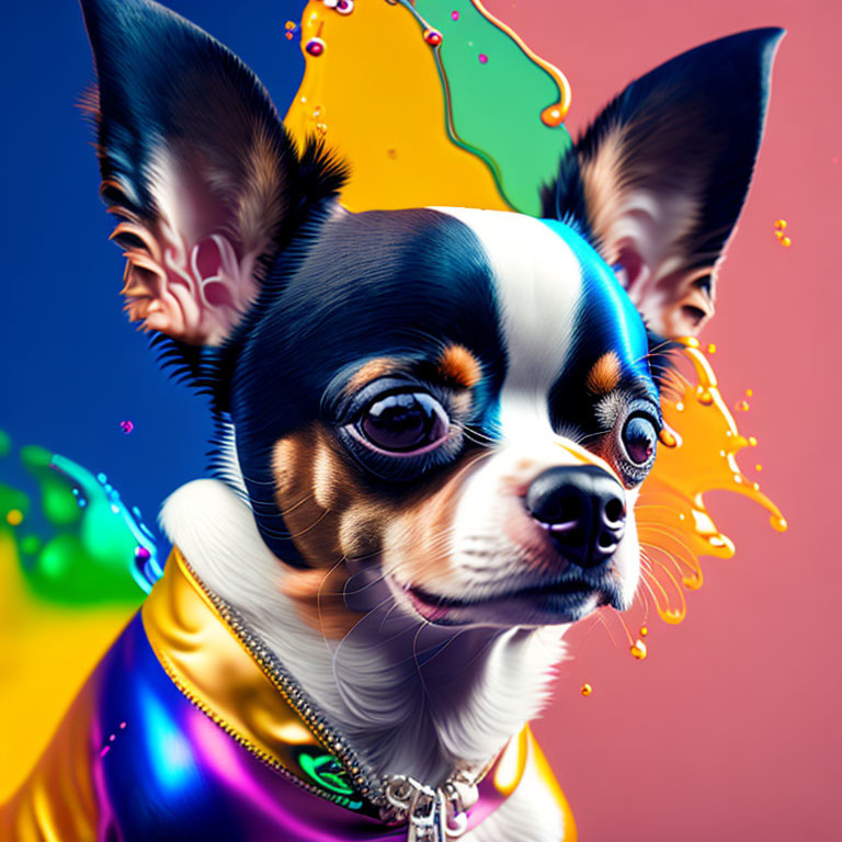 Colorful Chihuahua Graphic in Stylish Attire on Paint Splash Background