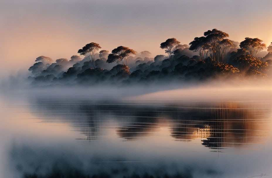 Tranquil misty forest reflected in calm water at sunrise or sunset