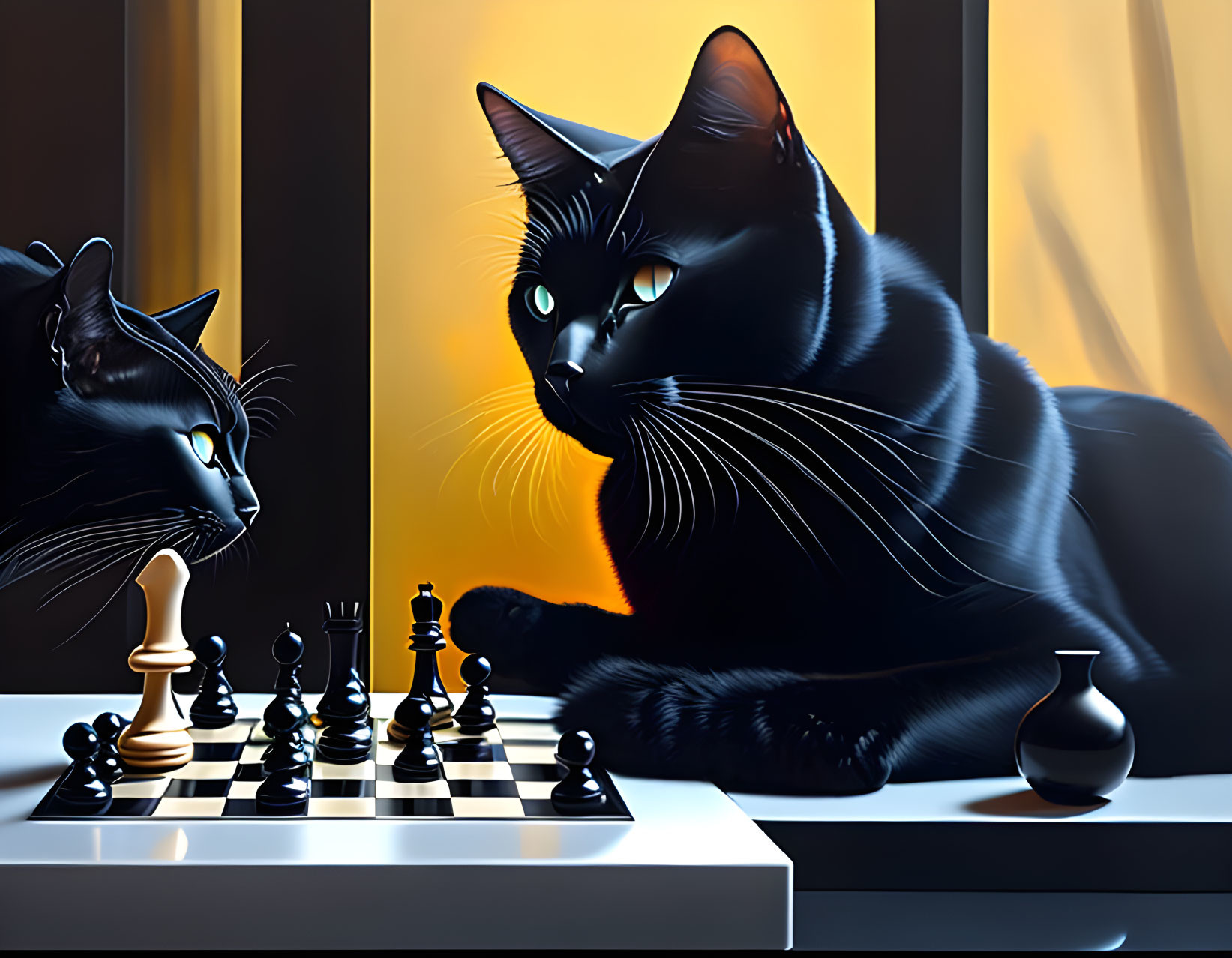 Two black cats with reflective eyes by a chessboard in a room with yellow curtains