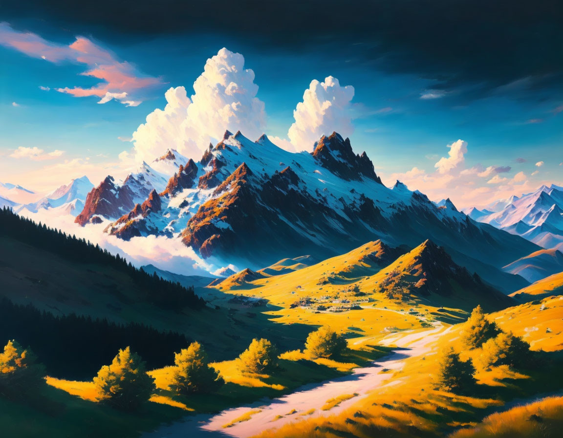 Majestic mountain painting with snowy peaks and dramatic sky