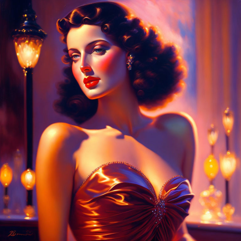 Elegant woman in satin gown with wavy hair by lamppost