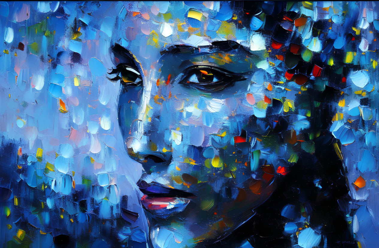 Vibrant textured oil painting of a woman's face with thick blue strokes