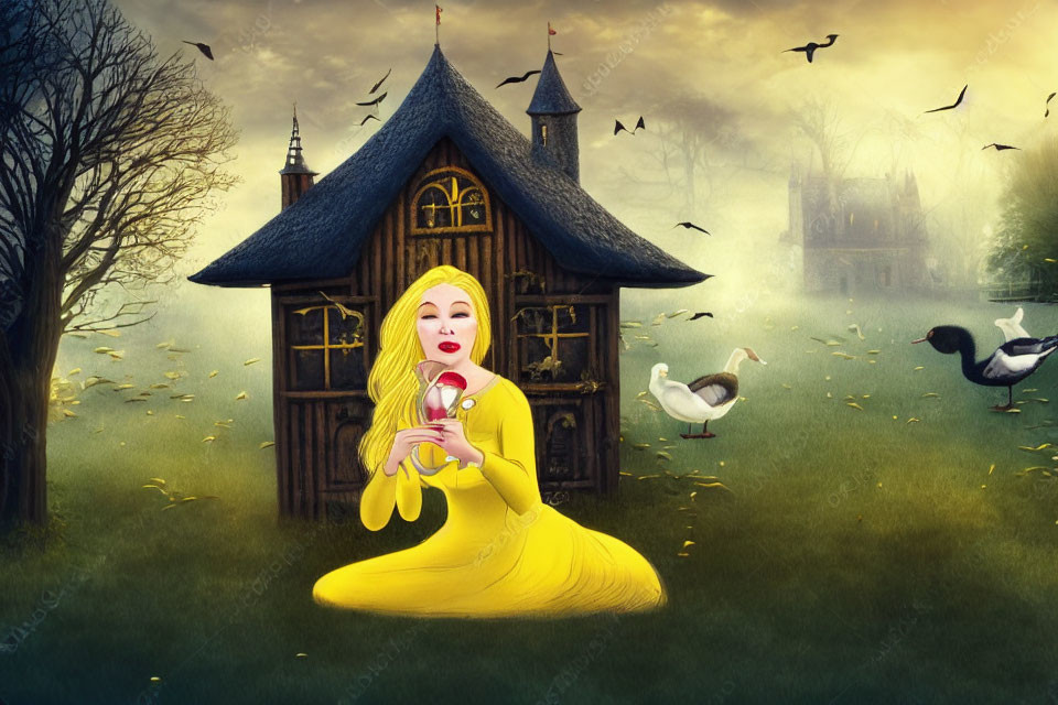 Stylized illustration of woman in yellow dress with rose and birds in foggy castle scene