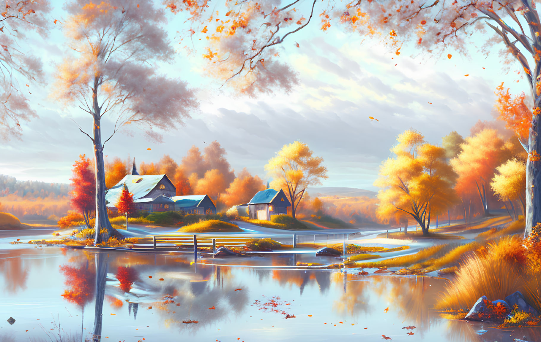 Tranquil Autumn Landscape with Colorful Trees and Lake