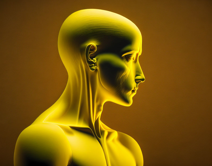 Digital human figure in yellow on gradient orange background