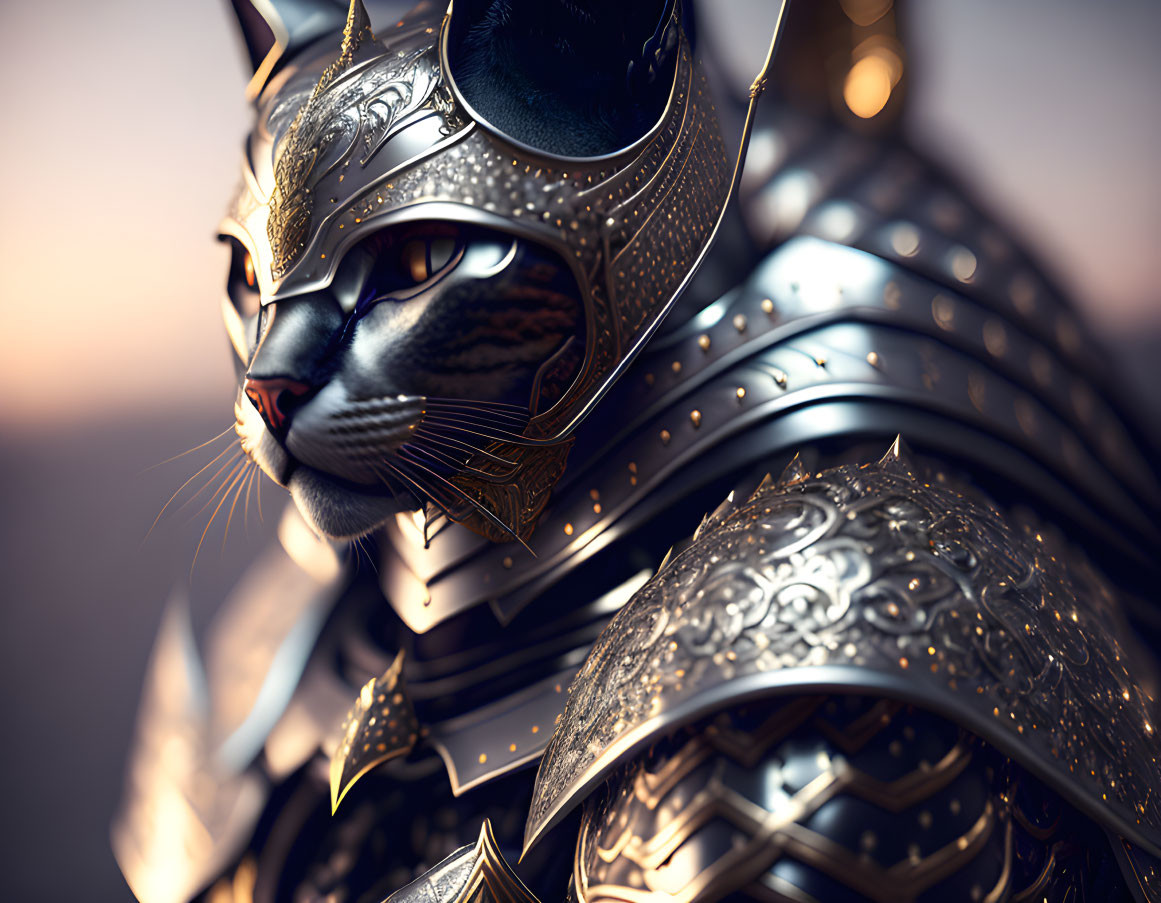 Detailed 3D rendering of a cat in medieval armor and helmet